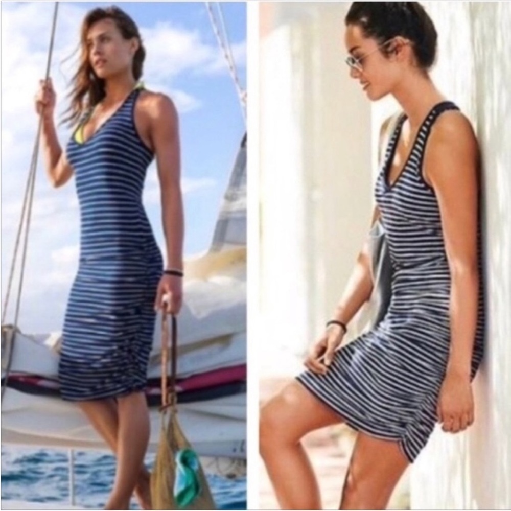 Athleta Ember Blue/White Racerback Ruched Striped Tee Midi Jersey Knit Dress SzS
